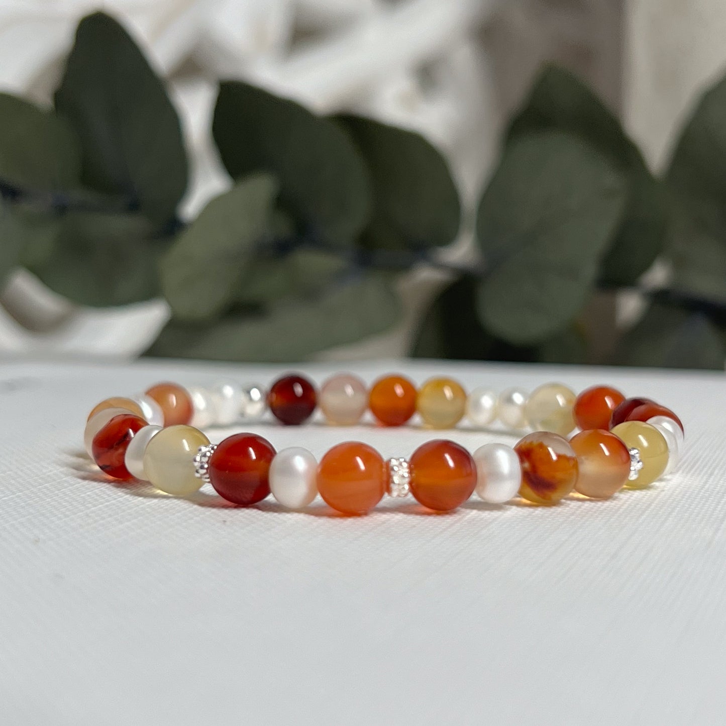 Carnelian and Fresh Water Pearl Handmade Stretch Bracelet - Gold Or Silver