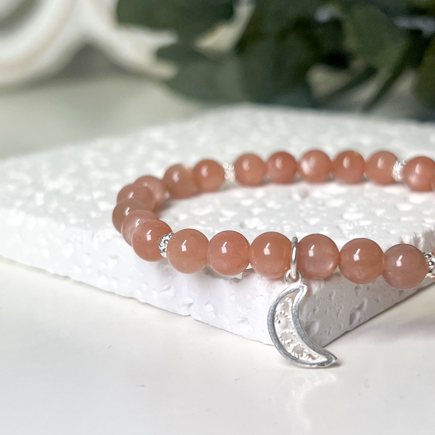 Sunstone 6mm Stretch Bracelet With Moon Charm