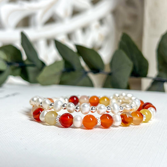 Carnelian and Fresh Water Pearl Handmade Stretch Bracelet - Gold Or Silver