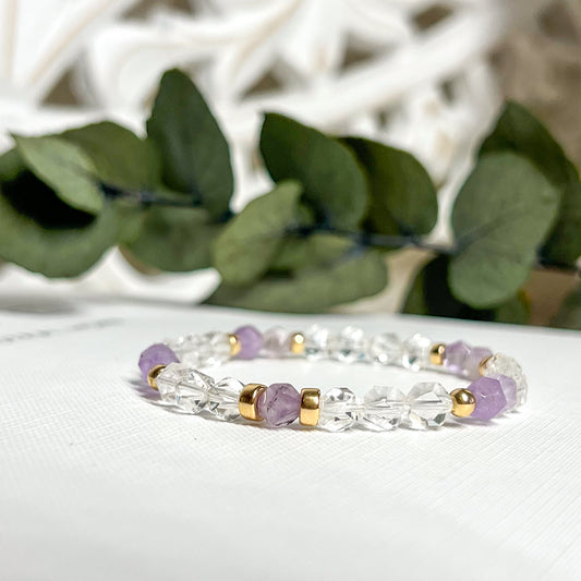 6mm Gold Filled Light Amethyst & Clear Quartz Stretch Bracelet - Size Medium 17.5cm